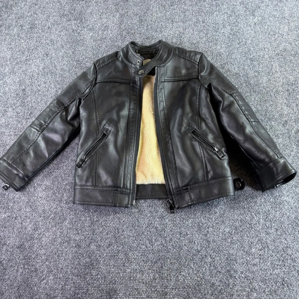 LJYH Moto Jacket Kids 3-4Y Black Faux Leather Fur Lined Biker Zip Quilted Sleeve